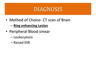 DIAGNOSIS
• Method of Choice- CT scan of Brain
– Ring enhancing Lesion
• Peripheral Blood smear
– Leukocytosis
– Raised ESR
 