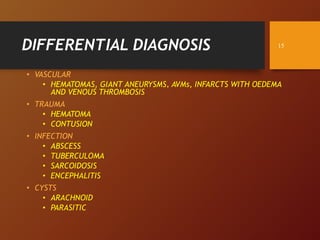 DIFFERENTIAL DIAGNOSIS
• VASCULAR
• HEMATOMAS, GIANT ANEURYSMS, AVMs, INFARCTS WITH OEDEMA
AND VENOUS THROMBOSIS
• TRAUMA
• HEMATOMA
• CONTUSION
• INFECTION
• ABSCESS
• TUBERCULOMA
• SARCOIDOSIS
• ENCEPHALITIS
• CYSTS
• ARACHNOID
• PARASITIC
15
 
