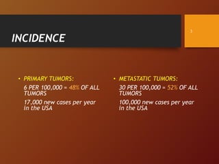 INCIDENCE
• PRIMARY TUMORS:
6 PER 100,000 = 48% OF ALL
TUMORS
17,000 new cases per year
in the USA
• METASTATIC TUMORS:
30 PER 100,000 = 52% OF ALL
TUMORS
100,000 new cases per year
in the USA
3
 
