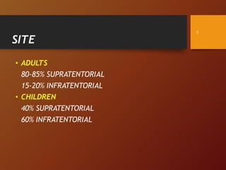 SITE
• ADULTS
80-85% SUPRATENTORIAL
15-20% INFRATENTORIAL
• CHILDREN
40% SUPRATENTORIAL
60% INFRATENTORIAL
5
 