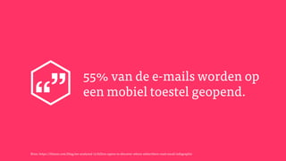 55% van de e-mails worden op
een mobiel toestel geopend.
Bron: https://litmus.com/blog/we-analyzed-13-billion-opens-to-discover-where-subscribers-read-email-infographic
 