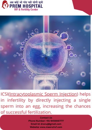 Contact Us
Phone Number: +91-9456667777
Email Id: dranuj@gmail.com
Website: www.meerutivf.com
ICSI(Intracytoplasmic Sperm Injection) helps
in infertility by directly injecting a single
sperm into an egg, increasing the chances
of successful fertilization.
 