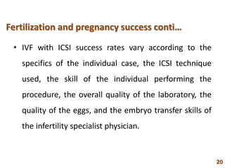 Fertilization and pregnancy success conti…
• IVF with ICSI success rates vary according to the
specifics of the individual case, the ICSI technique
used, the skill of the individual performing the
procedure, the overall quality of the laboratory, the
quality of the eggs, and the embryo transfer skills of
the infertility specialist physician.
20
 