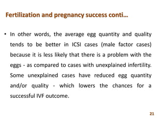 Fertilization and pregnancy success conti…
• In other words, the average egg quantity and quality
tends to be better in ICSI cases (male factor cases)
because it is less likely that there is a problem with the
eggs - as compared to cases with unexplained infertility.
Some unexplained cases have reduced egg quantity
and/or quality - which lowers the chances for a
successful IVF outcome.
21
 