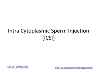Intra Cytoplasmic Sperm Injection
(ICSI)
Visit Us http://www.ivfsurrogacy.com
Call Us : 9899293903
 