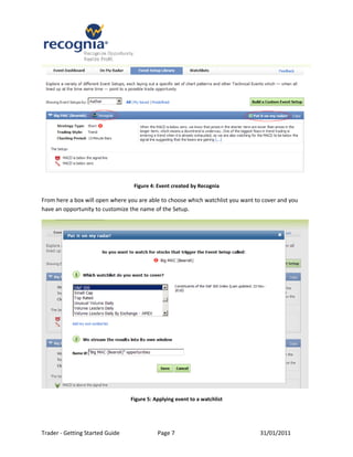 Figure 4: Event created by Recognia

From here a box will open where you are able to choose which watchlist you want to cover and you
have an opportunity to customize the name of the Setup.




                                 Figure 5: Applying event to a watchlist




Trader - Getting Started Guide              Page 7                               31/01/2011
 