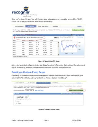 Once you’re done, hit save. You will then see your setup appear on your radar screen. Click “On My
Radar” tab to see your watchlist with chosen event setup.




                                       Figure 6: Watchlist on My Radar

After a few seconds it will generate the last 3 days’ worth of information that matched the pattern and
signals in the setup, and then update the information in real-time every 15 minutes.

Creating a Custom Event Setup
If you wish to instead create a custom strategy with specific criteria to match your trading style, just
return to the “Event Setup Library” and click on “Build a Custom Event Setup”.




                                       Figure 7: Create a custom event




Trader - Getting Started Guide                Page 8                                    31/01/2011
 