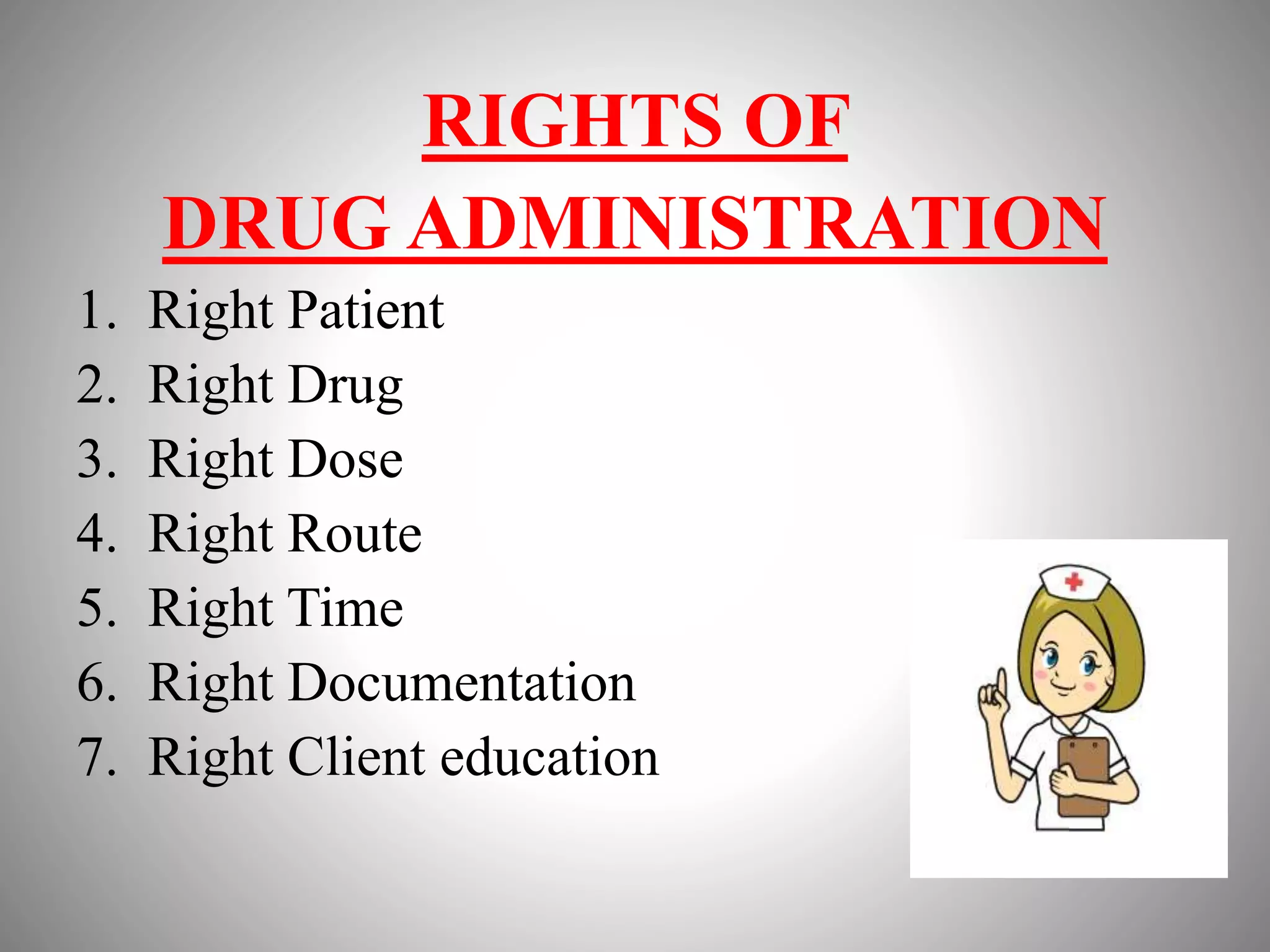 RIGHTS OF
DRUG ADMINISTRATION
1. Right Patient
2. Right Drug
3. Right Dose
4. Right Route
5. Right Time
6. Right Documentation
7. Right Client education
 