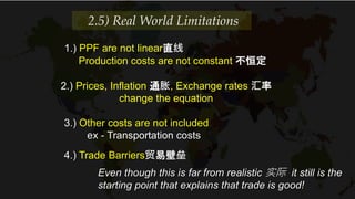 2.5) Real World Limitations
1.) PPF are not linear直线
Production costs are not constant 不恒定
2.) Prices, Inflation 通胀, Exchange rates 汇率
change the equation
3.) Other costs are not included
ex - Transportation costs
Even though this is far from realistic 实际 it still is the
starting point that explains that trade is good!
4.) Trade Barriers贸易壁垒
 