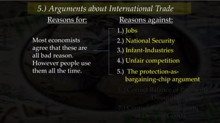 Reasons for: Reasons against:
1.) Comparative
Advantages
2.) Variety
3.) Technology
4.) Government
Policy
1.) Jobs
2.) National Security
3.) Infant-Industries
4.) Unfair competition
6.) Correct Balance of Payments
Disequilibrium
7.) Control the consumption
of Demerit Goods
5.) The protection-as-
bargaining-chip argument
5.) Arguments about International Trade
Most economists
agree that these are
all bad reason.
However people use
them all the time.
 