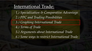 International Trade:
3.) Graphing International Trade
1.) Specialization & Comparative Advantage
2.) PPC and Trading Possibilities
4.) Terms of Trade
5.) Arguments about International Trade
6.) Some ways to restrict International Trade
 