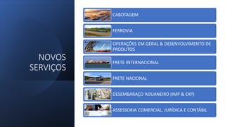 NOVOS
SERVIÇOS
CABOTAGEM
FERROVIA
OPERAÇÕES EM GERAL & DESENVOLVIMENTO DE
PRODUTOS
FRETE INTERNACIONAL
FRETE NACIONAL
DESEMBARAÇO ADUANEIRO (IMP & EXP)
ASSESSORIA COMERCIAL, JURÍDICA E CONTÁBIL
 