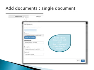 Add a single
document, with
title,
description and
keywords (for
search)