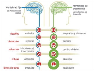 Intraemprendimiento
Mentalidad fija
La inteligencia es
estática
Mentalidad de
crecimiento
La inteligencia se
desarrolla
desafíos
obstáculos
esfuerzos
críticas
éxitos de otros
evitarlos
rendirse
infructuosos/
innecesarios
ignorarlas
amenaza
aceptarlos y atreverse
persistir
camino al éxito
aprender
inspiración
 