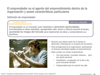 Intraemprendimiento 28
El emprendedor es el agente del emprendimiento dentro de la
organización y posee características particulares
Definición de emprendedor
Fuente: "Corporate entrepreneurship and innovation" Morris, Kuratko, Covin, análisis IGT
Kuratko (2007)
El emprendedor es un innovador quien reconoce y aprovecha oportunidades,
convirtiéndolas en ideas realizables, agregándoles valor, dinero y esfuerzo durante el tiempo,
asumiendo los riesgos del mercado para implementar las ideas y comprendiendo sus
beneficios
Definición adoptada
• Ejecutivo que dedica parte de su tiempo al
desarrollo y liderazgo de un proyecto de innovación
• Parte protagonista de la organización, participando
en diversas actividades ligadas al emprendimiento
• Debe cumplir con ciertas características:
• Una raza escasa: innovador obsesivo… pero
por opción personal
• Ambidiestro: cumpliendo con el día a día,
pero innovando también
• Indispensable para la creación de valor
 