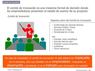 Intraemprendimiento
El comité de innovación es una instancia formal de decisión donde
los emprendedores presentan el estado de avance de su proyecto
Comité de Innovación
Fuente: Metodología IGT 53
• Conformado por Gerente General,
Gerentes Filiales / Áreas
• Duración de 2 horas
• Periodicidad de 15 días
Rol:
• Entregar visión estratégica
• Articular Red de valor
• Proponer nuevos proyectos
• Cuestionar
• Tomar decisiones
Aspectos clave del Comité de Innovación
Comité de Innovación
En caso de necesidad, el comité de innovación no sólo deberá ser implacable
con el proyecto, sino que también con el emprendedor, evaluando su
desempeño y decidiendo si es el indicado para el proyecto en cuestión
 