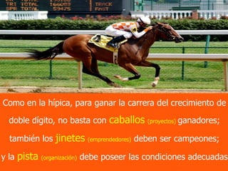 Intraemprendimiento 60
Como en la hípica, para ganar la carrera del crecimiento de
doble dígito, no basta con caballos (proyectos) ganadores;
también los jinetes (emprendedores) deben ser campeones;
y la pista (organización) debe poseer las condiciones adecuadas
 