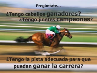 Intraemprendimiento
Pregúntate…
¿Tengo caballos ganadores?
¿Tengo jinetes campeones?
¿Tengo la pista adecuada para que
puedan ganar la carrera?
 