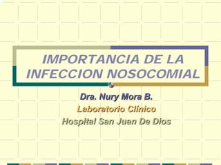 IMPORTANCIA DE LA
INFECCION NOSOCOMIAL
Dra.Dra. NuryNury Mora B.Mora B.
Laboratorio ClLaboratorio Clííniconico
Hospital San Juan De DiosHospital San Juan De Dios
 