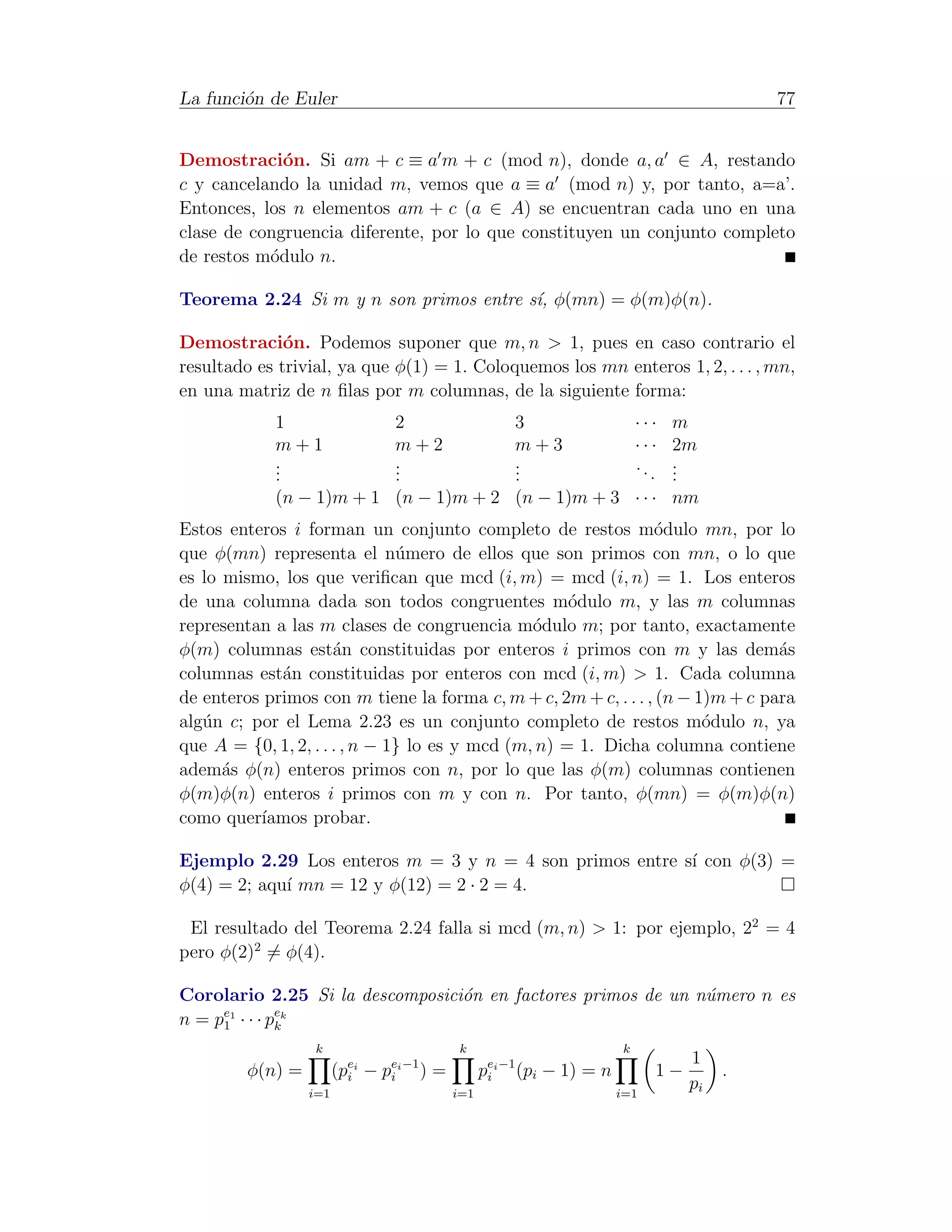 La funci´n de Euler
        o                                                                                     77


Demostraci´n. Si am + c ≡ a m + c (mod n), donde a, a ∈ A, restando
             o
c y cancelando la unidad m, vemos que a ≡ a (mod n) y, por tanto, a=a’.
Entonces, los n elementos am + c (a ∈ A) se encuentran cada uno en una
clase de congruencia diferente, por lo que constituyen un conjunto completo
de restos m´dulo n.
           o

Teorema 2.24 Si m y n son primos entre s´, φ(mn) = φ(m)φ(n).
                                        ı

Demostraci´n. Podemos suponer que m, n > 1, pues en caso contrario el
              o
resultado es trivial, ya que φ(1) = 1. Coloquemos los mn enteros 1, 2, . . . , mn,
en una matriz de n ﬁlas por m columnas, de la siguiente forma:
            1                     2                     3                    ···    m
            m+1                   m+2                   m+3                  ···    2m
            .
            .                     .
                                  .                     .
                                                        .                    ..     .
                                                                                    .
            .                     .                     .                       .   .
            (n − 1)m + 1 (n − 1)m + 2 (n − 1)m + 3 · · · nm
Estos enteros i forman un conjunto completo de restos m´dulo mn, por lo
                                                                o
que φ(mn) representa el n´mero de ellos que son primos con mn, o lo que
                               u
es lo mismo, los que veriﬁcan que mcd (i, m) = mcd (i, n) = 1. Los enteros
de una columna dada son todos congruentes m´dulo m, y las m columnas
                                                     o
representan a las m clases de congruencia m´dulo m; por tanto, exactamente
                                                o
φ(m) columnas est´n constituidas por enteros i primos con m y las dem´s
                      a                                                         a
columnas est´n constituidas por enteros con mcd (i, m) > 1. Cada columna
             a
de enteros primos con m tiene la forma c, m + c, 2m + c, . . . , (n − 1)m + c para
alg´n c; por el Lema 2.23 es un conjunto completo de restos m´dulo n, ya
   u                                                                   o
que A = {0, 1, 2, . . . , n − 1} lo es y mcd (m, n) = 1. Dicha columna contiene
adem´s φ(n) enteros primos con n, por lo que las φ(m) columnas contienen
      a
φ(m)φ(n) enteros i primos con m y con n. Por tanto, φ(mn) = φ(m)φ(n)
como quer´ıamos probar.

Ejemplo 2.29 Los enteros m = 3 y n = 4 son primos entre s´ con φ(3) =
                                                         ı
φ(4) = 2; aqu´ mn = 12 y φ(12) = 2 · 2 = 4.
             ı

 El resultado del Teorema 2.24 falla si mcd (m, n) > 1: por ejemplo, 22 = 4
pero φ(2)2 = φ(4).

Corolario 2.25 Si la descomposici´n en factores primos de un n´mero n es
                                 o                            u
     e1       ek
n = p1 · · · pk
                  k                          k                           k
                                                                                     1
         φ(n) =         (pei − pi i −1 ) =
                          i
                                e
                                                   pei −1 (pi − 1) = n
                                                    i                           1−        .
                  i=1                        i=1                         i=1
                                                                                     pi
 