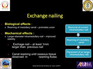 Exchange nailing
➢ Biological effects :
 Reaming of medullary canal – promotes union
➢ Mechanical effects :
 Larger-diameter intramedullary nail – improved
stability
❖ Exchage nail – at least 1mm
larger than previous nail
❖ Canal reaming until osseous tissue
observed in reaming flutes
Removal of current
intramedullary nail
Reaming of medullary
canal
Placement of an larger
intramedullary nail
bahaa Ali Kornah-Al-Azhar Un. Cairo -EGYPT
 