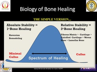 HighRateof HealingHighRateof Healing
Spectrum of Healing
Absolute Stability =
10 Bone Healing
Biology of Bone Healing
THE SIMPLE VERSION...
Relative Stability =
20 Bone Healing
Fibrous Matrix > Cartilage >
Calcified Cartilage > Woven
Bone > Lamellar Bone
Haversian
Remodeling
Minimal
Callus
Callus
bahaa Ali Kornah-Al-Azhar Un. Cairo -EGYPT
 