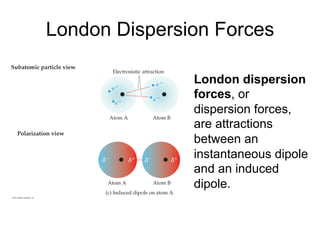 London Dispersion Forces
London dispersion
forces, or
dispersion forces,
are attractions
between an
instantaneous dipole
and an induced
dipole.
 
