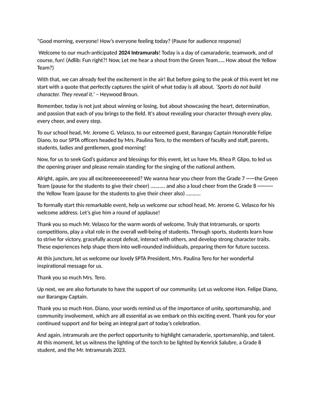 INTRAMURALS 2024-2025 EMCEE SCRIPT OPENING | DOCX | Summer Olympic ...