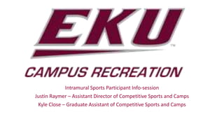 Intramural Sports Participant Info-session
Justin Raymer – Assistant Director of Competitive Sports and Camps
Kyle Close – Graduate Assistant of Competitive Sports and Camps
 