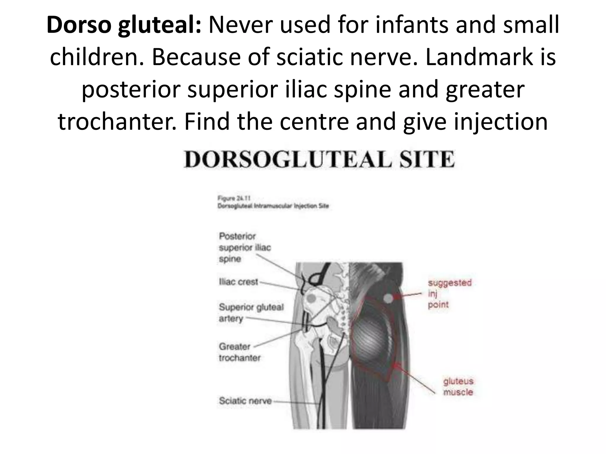 Dorso gluteal: Never used for infants and small
children. Because of sciatic nerve. Landmark is
posterior superior iliac spine and greater
trochanter. Find the centre and give injection
 