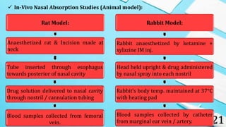 21
 In-Vivo Nasal Absorption Studies (Animal model):
Rat Model:
Anaesthetized rat & Incision made at
neck
Tube inserted through esophagus
towards posterior of nasal cavity
Drug solution delivered to nasal cavity
through nostril / cannulation tubing
Blood samples collected from femoral
vein.
Rabbit Model:
Rabbit anaesthetized by ketamine +
xylazine IM inj.
Head held upright & drug administered
by nasal spray into each nostril
Rabbit’s body temp. maintained at 37°C
with heating pad
Blood samples collected by catheter
from marginal ear vein / artery.
 