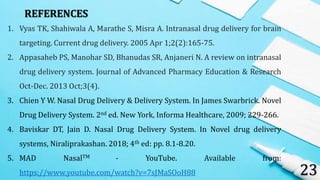 23
REFERENCES
1. Vyas TK, Shahiwala A, Marathe S, Misra A. Intranasal drug delivery for brain
targeting. Current drug delivery. 2005 Apr 1;2(2):165-75.
2. Appasaheb PS, Manohar SD, Bhanudas SR, Anjaneri N. A review on intranasal
drug delivery system. Journal of Advanced Pharmacy Education & Research
Oct-Dec. 2013 Oct;3(4).
3. Chien Y W. Nasal Drug Delivery & Delivery System. In James Swarbrick. Novel
Drug Delivery System. 2nd ed. New York, Informa Healthcare, 2009; 229-266.
4. Baviskar DT, Jain D. Nasal Drug Delivery System. In Novel drug delivery
systems, Niraliprakashan. 2018; 4th ed: pp. 8.1-8.20.
5. MAD NasalTM - YouTube. Available from:
https://www.youtube.com/watch?v=7sJMaSOoH88
 