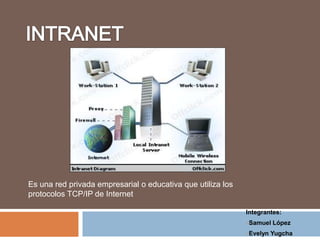 INTRANET Es una red privada empresarial o educativa que utiliza los protocolos TCP/IP de Internet Integrantes:  ,[object Object]