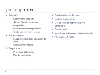 participantes Selección Determinando el perfil Cargo / Posición Jerarquica Antiguedad Experiencia con computadores Grado uso internet / intranet Reclutamiento  Selección de fuentes y asignación de areas. Cronograma editorial. Preparación Proyección estratégica Plan de crecimiento Credenciales verificables Cultura E-vangelizar Gestión del conocimiento y el contenido Colaboración Incentivos, estímulos, reconocimiento No espere el 100% 