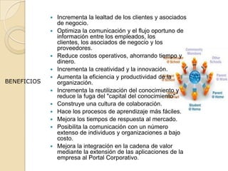  Incrementa la lealtad de los clientes y asociados
de negocio.
 Optimiza la comunicación y el flujo oportuno de
información entre los empleados, los
clientes, los asociados de negocio y los
proveedores.
 Reduce costos operativos, ahorrando tiempo y
dinero.
 Incrementa la creatividad y la innovación.
 Aumenta la eficiencia y productividad de la
organización.
 Incrementa la reutilización del conocimiento y
reduce la fuga del "capital del conocimiento".
 Construye una cultura de colaboración.
 Hace los procesos de aprendizaje más fáciles.
 Mejora los tiempos de respuesta al mercado.
 Posibilita la comunicación con un número
extenso de individuos y organizaciones a bajo
costo.
 Mejora la integración en la cadena de valor
mediante la extensión de las aplicaciones de la
empresa al Portal Corporativo.
BENEFICIOS
 