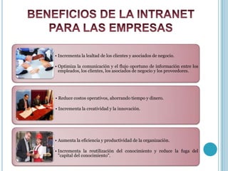 • Incrementa la lealtad de los clientes y asociados de negocio.
• Optimiza la comunicación y el flujo oportuno de información entre los
empleados, los clientes, los asociados de negocio y los proveedores.
• Reduce costos operativos, ahorrando tiempo y dinero.
• Incrementa la creatividad y la innovación.
• Aumenta la eficiencia y productividad de la organización.
• Incrementa la reutilización del conocimiento y reduce la fuga del
"capital del conocimiento".
 