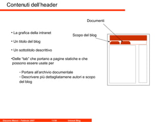 Contenuti dell’header  La grafica della intranet Un titolo del blog Un sottotitolo descrittivo Delle “tab” che portano a pagine statiche e che   possono essere usate per  Portare all’archivio documentale Descrivere più dettagliatamene autori e scopo del blog  Scopo del blog Documenti 