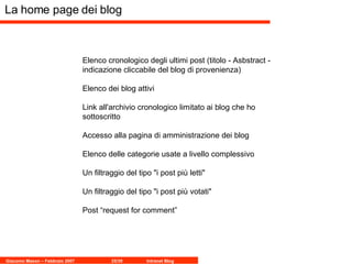 La home page dei blog Elenco cronologico degli ultimi post (titolo - Asbstract - indicazione cliccabile del blog di provenienza)  Elenco dei blog attivi Link all'archivio cronologico limitato ai blog che ho sottoscritto  Accesso alla pagina di amministrazione dei blog  Elenco delle categorie usate a livello complessivo Un filtraggio del tipo "i post più letti"  Un filtraggio del tipo "i post più votati"  Post “request for comment” 