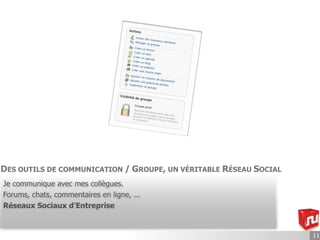 DES OUTILS DE COMMUNICATION / GROUPE, UN VÉRITABLE RÉSEAU SOCIAL
Je communique avec mes collègues.
Forums, chats, commentaires en ligne, ...
Réseaux Sociaux d’Entreprise


                                                                   11
 