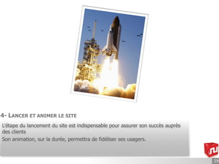 4- LANCER ET ANIMER LE SITE
L’étape du lancement du site est indispensable pour assurer son succès auprès
des clients
Son animation, sur la durée, permettra de fidéliser ses usagers.



                                                                                19
 