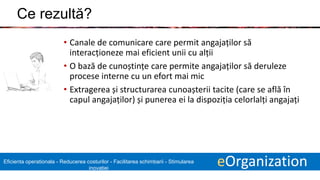 13 eOrganizationEficienta operationala - Reducerea costurilor - Facilitarea schimbarii - Stimularea
inovatiei
Ce rezultă?
• Canale de comunicare care permit angajaților să
interacționeze mai eficient unii cu alții
• O bază de cunoștințe care permite angajaților să deruleze
procese interne cu un efort mai mic
• Extragerea și structurarea cunoașterii tacite (care se află în
capul angajaților) și punerea ei la dispoziția celorlalți angajați
 