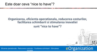 17 eOrganizationEficienta operationala - Reducerea costurilor - Facilitarea schimbarii - Stimularea
inovatiei
Este doar ceva “nice to have”?
Organizarea, eficienta operationala, reducerea costurilor,
facilitarea schimbarii si stimularea inovatiei
sunt “nice to have”?
 