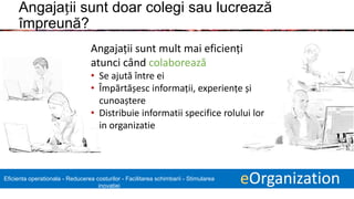 3 eOrganizationEficienta operationala - Reducerea costurilor - Facilitarea schimbarii - Stimularea
inovatiei
Angajații sunt doar colegi sau lucrează
împreună?
Angajații sunt mult mai eficienți
atunci când colaborează
• Se ajută între ei
• Împărtășesc informații, experiențe și
cunoaștere
• Distribuie informatii specifice rolului lor
in organizatie
 