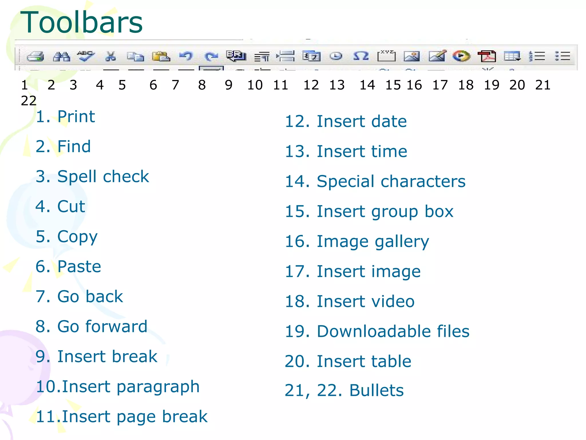 Toolbars Print Find Spell check Cut Copy Paste Go back Go forward Insert break Insert paragraph Insert page break 12. Insert date 13. Insert time 14. Special characters 15. Insert group box 16. Image gallery 17. Insert image 18. Insert video 19. Downloadable files 20. Insert table 21, 22. Bullets   1  2  3  4  5  6  7  8  9  10  11  12  13  14  15 16  17  18  19  20  21  22 
