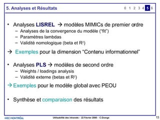 5. Analyses et Résultats Analyses  LISREL     modèles MIMICs de premier ordre Analyses de la convergence du modèle (“fit”) Paramètres lambdas Validité nomologique (beta et R 2 )    Exemples   pour la dimension “Contenu informationnel” Analyses  PLS     modèles de second ordre Weights / loadings analysis Validité externe (betas et R 2 ) Exemples  pour le modèle global avec PEOU Synthèse et  comparaison  des résultats 0 2 3 4 1 5 6 