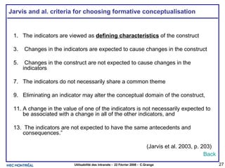 Jarvis and al. criteria for choosing formative conceptualisation The indicators are viewed as  defining characteristics  of the construct Changes in the indicators are expected to cause changes in the construct Changes in the construct are not expected to cause changes in the indicators The indicators do not necessarily share a common theme Eliminating an indicator may alter the conceptual domain of the construct,  A change in the value of one of the indicators is not necessarily expected to be associated with a change in all of the other indicators, and The indicators are not expected to have the same antecedents and consequences.”  (Jarvis et al. 2003, p. 203) Back 