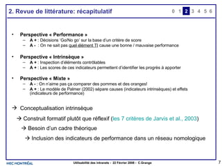 2. Revue de littérature: récapitulatif Perspective « Performance » A +  : Décisions ‘Go/No go’ sur la base d’un critère de score A -   : On ne sait pas  quel élément TI  cause une bonne / mauvaise performance Perspective « Intrinsèque » A +  : Inspection d’éléments contrôlables A +  : Les scores de ces indicateurs permettent d’identifier les progrès à apporter Perspective « Mixte » A -  : On n’aime pas ça comparer des pommes et des oranges! A +  : Le modèle de Palmer (2002) sépare causes (indicateurs intrinsèques) et effets (indicateurs de performance) Conceptualisation intrinsèque    Construit formatif plutôt que réflexif ( les 7 critères de Jarvis et al., 2003 )    Besoin d’un cadre théorique      Inclusion des indicateurs de performance dans un réseau nomologique 0 2 3 4 1 5 6 
