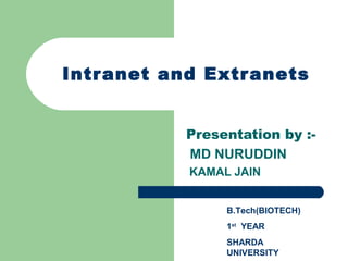 Intranet and Extr anets


           Presentation by :-
           MD NURUDDIN
           KAMAL JAIN


                B.Tech(BIOTECH)
                1st YEAR
                SHARDA
                UNIVERSITY
 