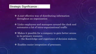  A cost-effective way of distributing information
throughout an organization
 Links employees and managers around the clock and
automates a lot of intra-organizational traffic
 Makes it possible for a company to gain better access
to its primary resource.
– the Knowledge and experience of decision makers.
 Enables easier integration of processes.
Strategic Significance :
 