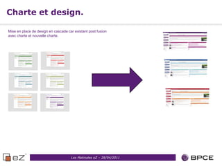 Charte et design.

Mise en place de design en cascade car existant post fusion
avec charte et nouvelle charte.




                                     Les Matinales eZ – 28/04/2011
 